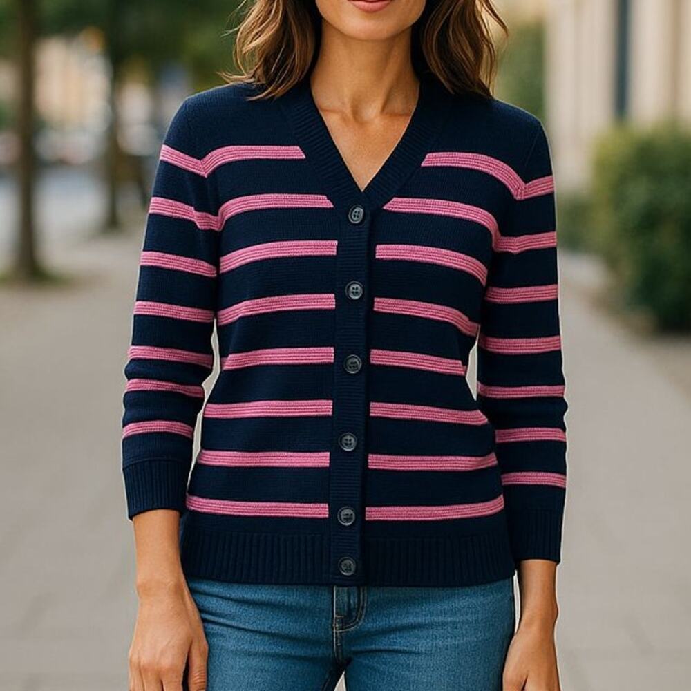 Talbots 100% Cotton Striped Cable Knit Shawl Collar 3/4 Sleeve Anchor Buttons SM